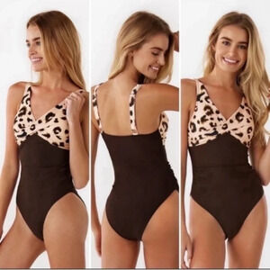 CUPSHE Animal Print One Piece Brown Leopard Swimsuit Size S